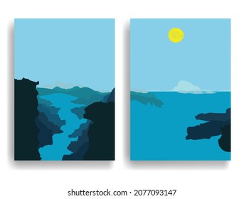 Afiche con paisaje montañoso y puesta de sol al estilo boho. Diseño mínimo con elementos ondulados. Folleto de moda. Ilustración del vector.