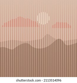 Poster with mountain landscape  and sunset in boho art style  .Minimal design with line elements . Trendy brochure . Mountain peak .Wall art .Vector illustration .