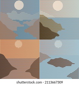 Poster mit Berglandschaft und Sonnenuntergang im Boho-Stil .Minimales Design mit Linienelementen . Trendy Broschüre . Vektorgrafik .