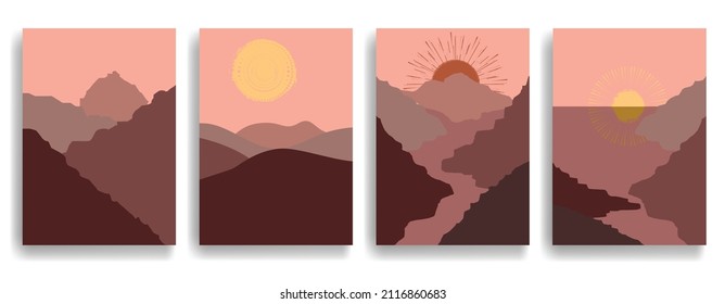 Afiche con paisaje de montaña y puesta de sol en estilo boho . Diseño mínimo con elementos de línea . Folleto de moda. Montaña pico .Muro arte .Vector ilustración .