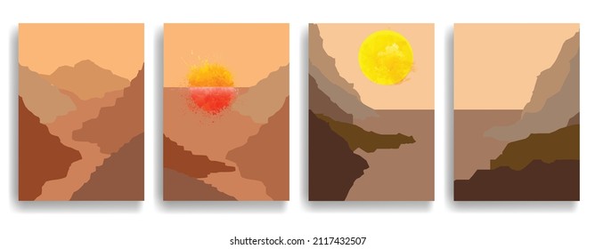 Afiche con paisaje de montaña y puesta de sol en estilo boho . Diseño mínimo con elementos de línea . Folleto de moda. Montaña pico .Muro arte .Vector ilustración .