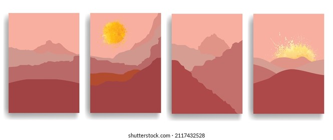 Afiche con paisaje de montaña y puesta de sol en estilo boho . Diseño mínimo con elementos de línea . Folleto de moda. Montaña pico .Muro arte .Vector ilustración .