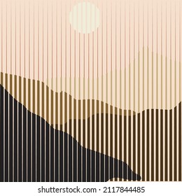 Poster with mountain landscape  and sunset in boho art style  .Minimal design with line elements . Trendy brochure . Mountain peak .Wall art .Vector illustration .