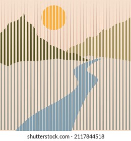 Poster mit Berglandschaft und Sonnenuntergang im Boho Art Stil .Minimales Design mit Linienelementen . Trendy Broschüre . Mountain Peak .Wall art .Vektorgrafik .