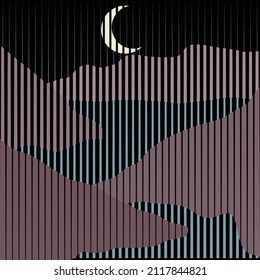 Poster mit Berglandschaft und Sonnenuntergang im Boho Art Stil .Minimales Design mit Linienelementen . Trendy Broschüre . Mountain Peak .Wall art .Vektorgrafik .