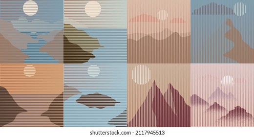 Poster with mountain landscape  and sunset in boho style  .Minimal design with line elements . Trendy brochure . Vector illustration .