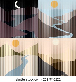 Poster mit Berglandschaft und Sonnenuntergang im Boho-Stil .Minimales Design mit Linienelementen . Trendy Broschüre . Vektorgrafik .