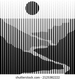 Poster with mountain landscape  and sunset in boho art style  .Minimal design with line elements . Trendy brochure . Mountain peak .Wall art .Vector illustration .