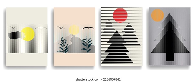 Poster with mountain landscape  and sunset in boho style  .Minimal design with line elements . Trendy brochure . Vector illustration .