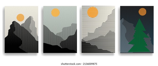 Afiche con paisaje de montaña y puesta de sol al estilo boho. Diseño mínimo con elementos de línea. Folleto de moda. Ilustración del vector.