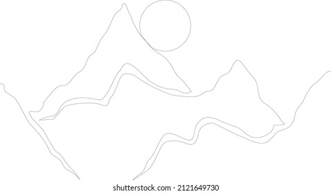 Poster with mountain landscape  in sunset . Line art style  .One line minimal design  . Trendy brochure . Vector illustration .
