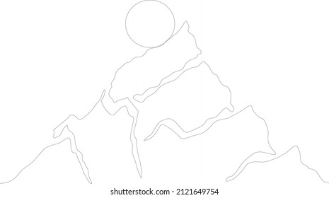 Afiche con paisaje montañoso al atardecer. Estilo de arte de línea .Diseño mínimo de una línea. Folleto de moda. Ilustración del vector.