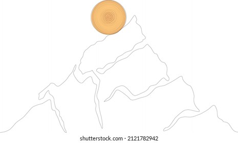 Poster with mountain landscape  in sunset . Line art style  .One line minimal design  . Trendy brochure . Vector illustration .