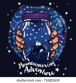 Poster for mountaineering with magical jar in hands and starry sky, sketch style, vector illustration