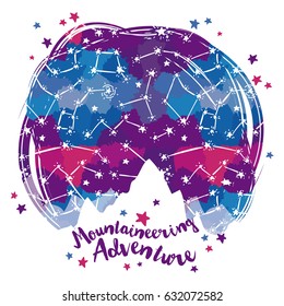 Poster for mountaineering with mountain silhouette on starry sky, sketch style, vector illustration
