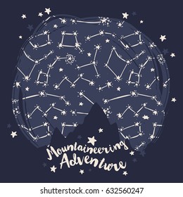 Poster for mountaineering with mountain silhouette on starry sky, sketch style, vector illustration