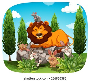 Poster of a mouse sitting on lion's head and few rabbits around