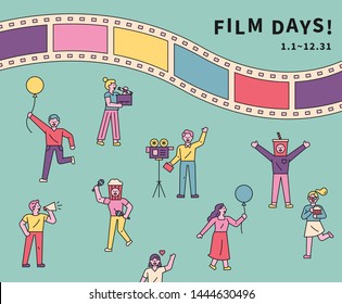 Poster Of The Movie Festival Concept. Colorful Film Layout With People Enjoying The Festival. Flat Design Style Minimal Vector Illustration.