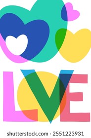 Poster of multicolored hearts and text love with overlapping, risograph effect. Card for congratulations on Valentine's Day, wedding, love card