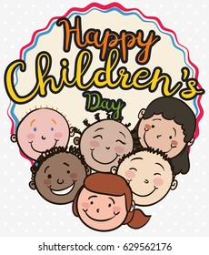 Poster with multicultural kids smiling all together to celebrate Children's Day.
