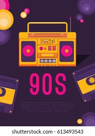 Poster music of the 90s and 80s. Template flyer with cassette tape recorder. Vector background for invitation, card, ticket, banner, label, tag, cover, album. Illustration in retro style. 