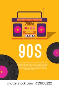 Poster music of the 90s and 80s. Template flyer with cassette tape recorder and vinyl record. Vector background for invitation, card, ticket, banner, label, cover, album. Illustration in retro style.