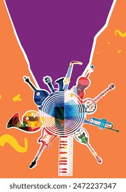 Poster. Music background with colorful music instruments vector illustration. Concept of music festivals, concert and parties.