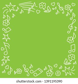  Poster music concert, festival. Text frame, card design, invitations. Doodle hand drawn. Green Background.Vector illustration