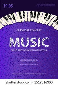 Poster Music concert, vector concept. template brochure with text and with piano keys on blue background. Bright vertical banner.