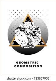 Poster for music event with geometric shapes, triangle and polygon with halftone and marbled texture.