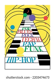 Poster for music festival. Abstract contemporary banner with piano keys, lines and different music genres. Pop, rock, jazz, blues and rap. Cartoon flat vector illustration isolated on white background