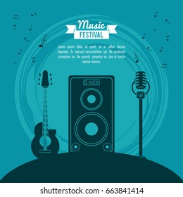 poster music festival in blue background with acoustic guitar and speaker box and microphone