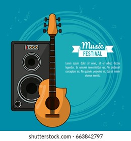 poster music festival in blue background with guitar and speaker box