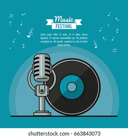 poster music festival in blue background with vinyl lp record and microphone