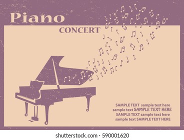 Poster for the music festival or concert with the grand piano and flying notes. 