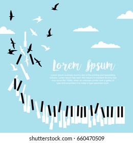 Poster for music festival or concert with piano keys and flying birds in blue sky with clouds and space for text