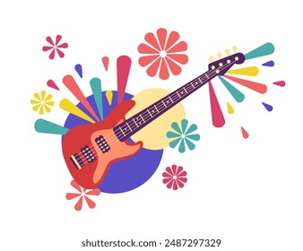 Poster for a music festival with a electro guitar in the center, surrounded by colorful flower-like shapes. Abstract colorful pattern design vector illustration isolated on white background