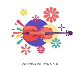 Poster for a music festival with a fiddle in the center, surrounded by colorful flower-like shapes. Abstract colorful pattern design vector illustration isolated on white background