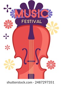 Poster for a music festival with a fiddle in the center, surrounded by colorful flower-like shapes. Abstract colorful pattern design vector illustration isolated on white background