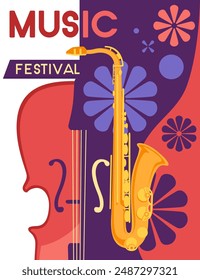 Poster for a music festival with a fiddle and saxophone in the center, surrounded by colorful flower-like shapes. Abstract colorful pattern design vector illustration isolated on white background