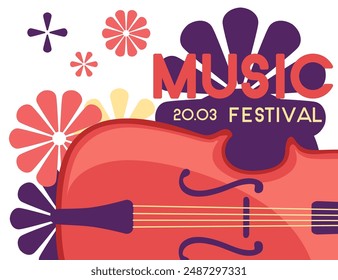 Poster for a music festival with a fiddle, surrounded by colorful flower-like shapes. Abstract colorful pattern design vector illustration isolated on white background