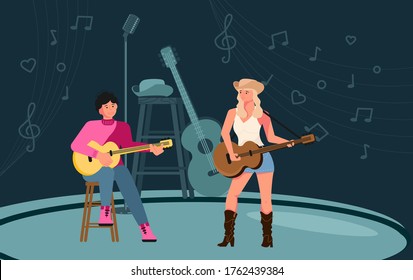 Afiche de un festival de música en vivo con cantantes y guitarristas. Representación de músicos en el escenario. Ilustración de Vector de arte plano