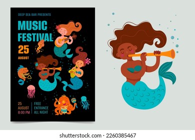 Poster for music festival. The mermaid plays the guitar, the mermaid plays the saxophone, the dark-skinned mermaid plays the pipe. Fish, octopus play the drum, jellyfish, starfish.
