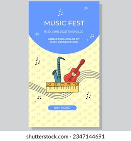 Poster of music festival. Musical instruments. Social Media Stories Flat Cartoon Hand Drawn Templates Background Illustration. Vector illustration EPS10