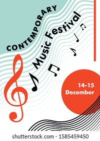 Poster for a music festival on a white background with turquoise and black stripes, with a red treble clef and black notes