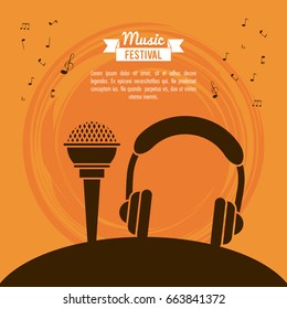 poster music festival in orange background with microphone and stereo headset