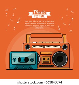 poster music festival in orange background with cassete tape player and cassette tape