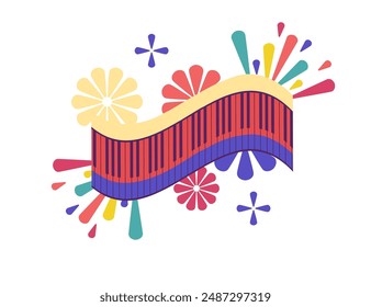 Poster for a music festival with a piano in the center, surrounded by colorful flower-like shapes. Abstract colorful pattern design vector illustration isolated on white background