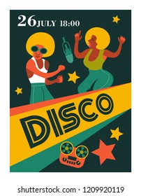 Poster music festival, retro party in the style of the 70s, 80s in the disco style. Couple with African hairstyles dancing disco. Vector illustration.