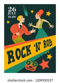 Poster music festival, retro party in the style of the 70's, 80's. Couple dancing rock and roll. Vector illustration.